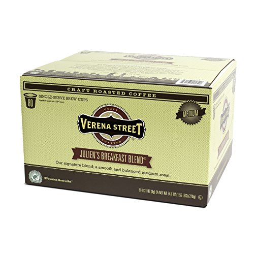 Café Verena Street en monodosis (80 unidades) de tueste medio, Julien's Breakfast Blend, café arábico certificado por Rainforest Alliance, compatible con las cafeteras Keurig K-cup