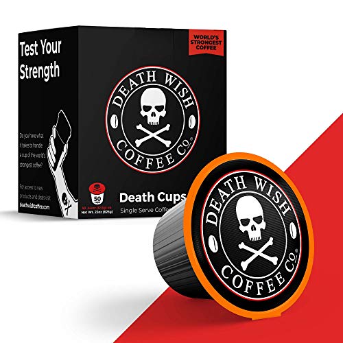 DEATH WISH Death Cups [50 Count] Single Serve Coffee Pods, Sötét pörkölés, Keurig kapszula, K Cups, kapszulás csésze, USDA Certified Organic, Fair Trade, Arabica és Robusta babok.