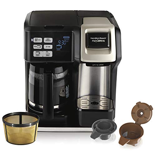 Cafetera Hamilton Beach FlexBrew, para una sola toma y para toda la cafetera, compatible con cápsulas K-Cup o café molido, programable, incluye filtro permanente, negra (49950C), plateada