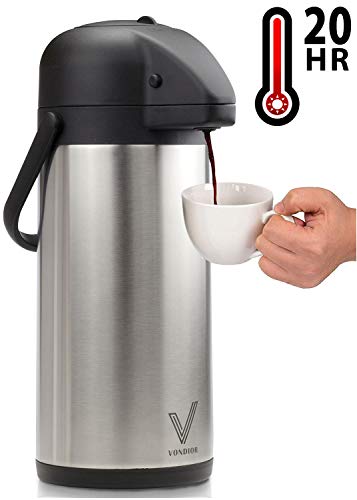 Pote Térmico de Café - Distribuidor de Bebidas (85oz.) Por Vondior - Urna de Aço Inoxidável Para Água Quente/Fria Ou, Acção de Bomba, Garrafa térmica de Festa, Bónus de Escova de Bunn, Batedor de Tampa